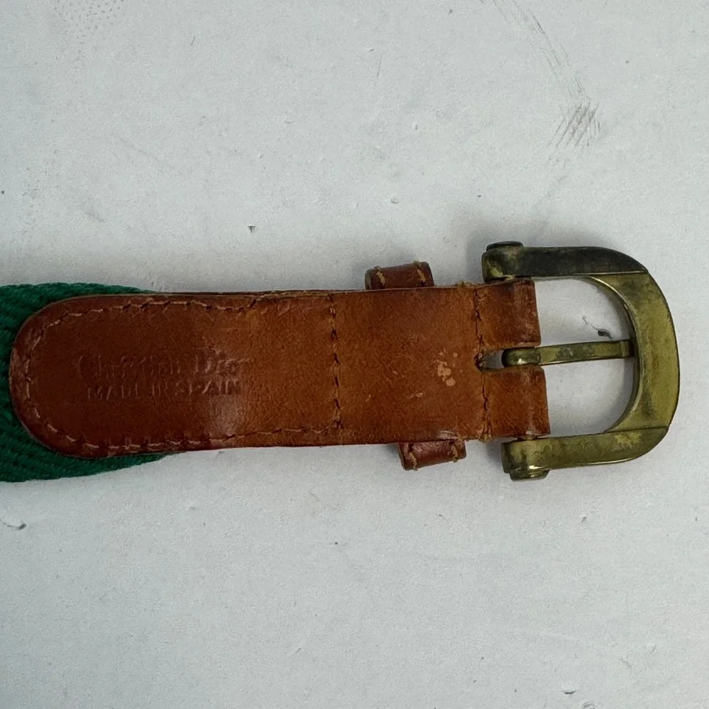 Christian Dior Vintage Mens Belt Green Canvas Tan Leather Spain 30 34 85 218923